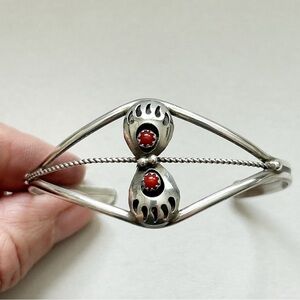 Vintage Southwestern Double Coral Bear Paw Sterling Silver Cuff Bracelet